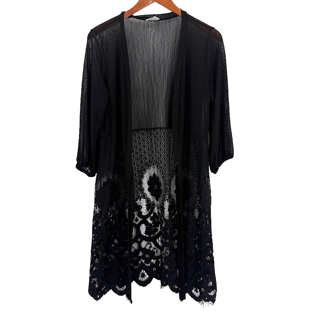 Ember Black Lace Kimono Cardigan Sheer Open Front Duster Cover Up Size S